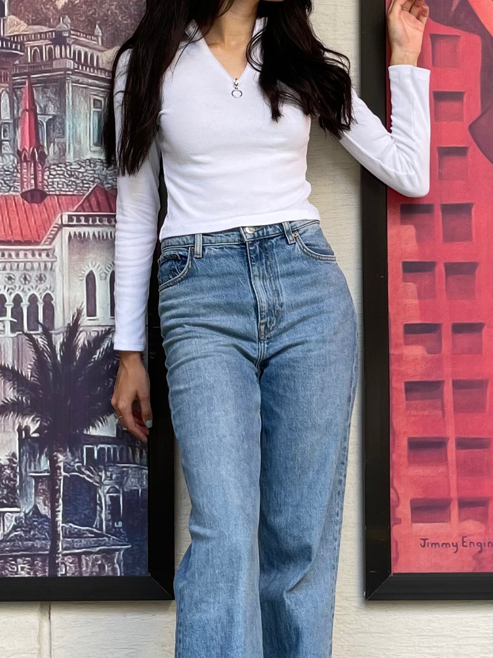 White Half Zipper Ribbed Blouse