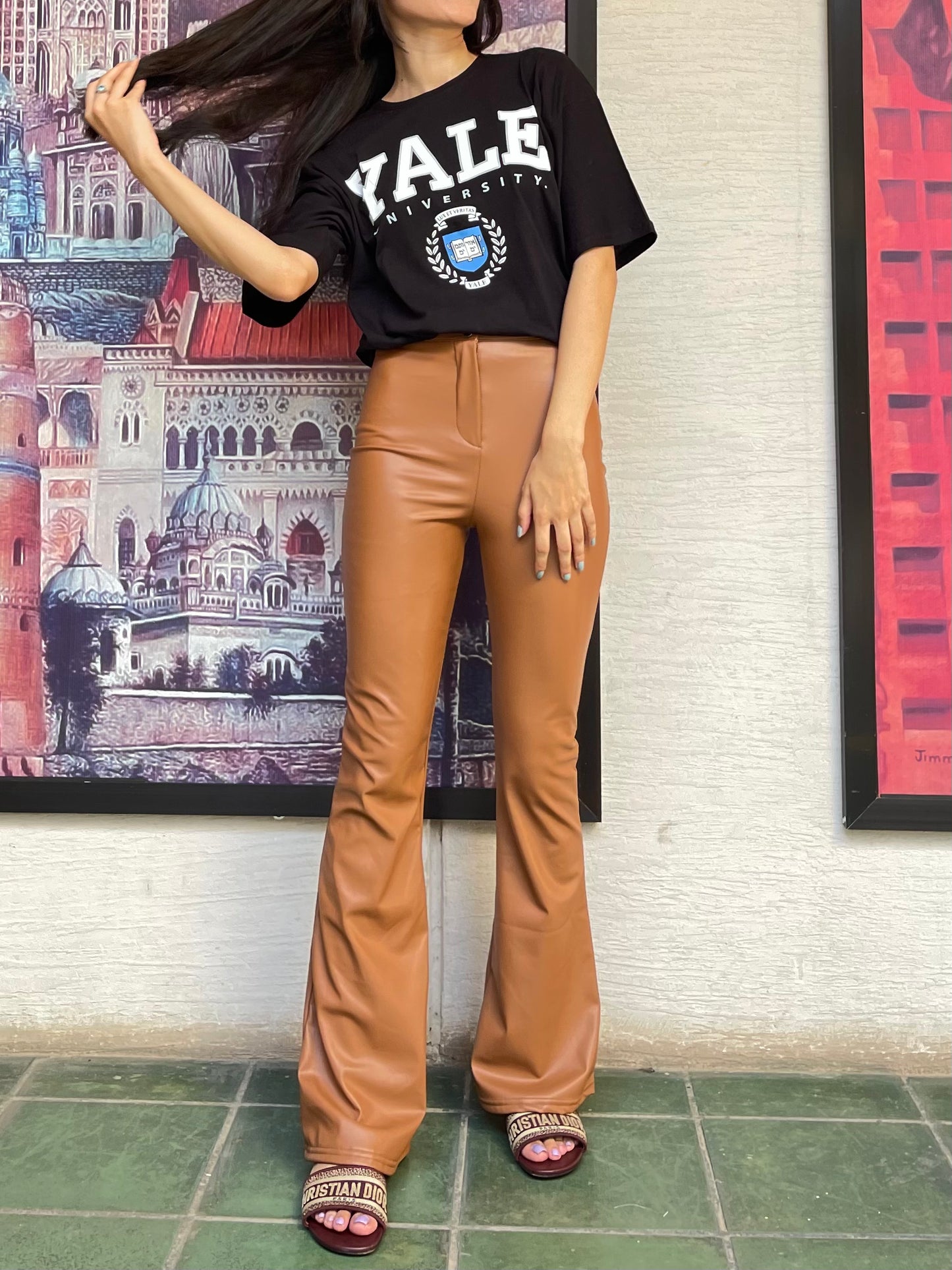 Tan Leather Flare Pants