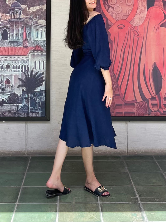 Blue Belted Flowy Dress