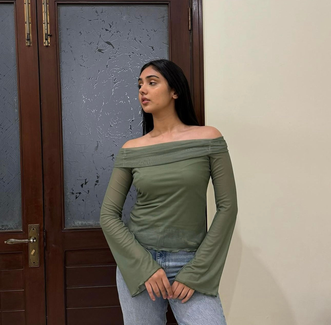 Green off-shoulder top