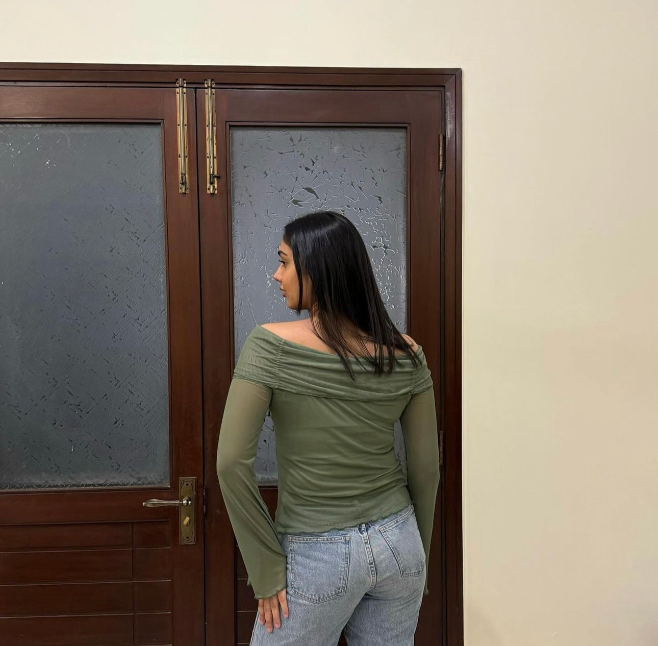 Green off-shoulder top