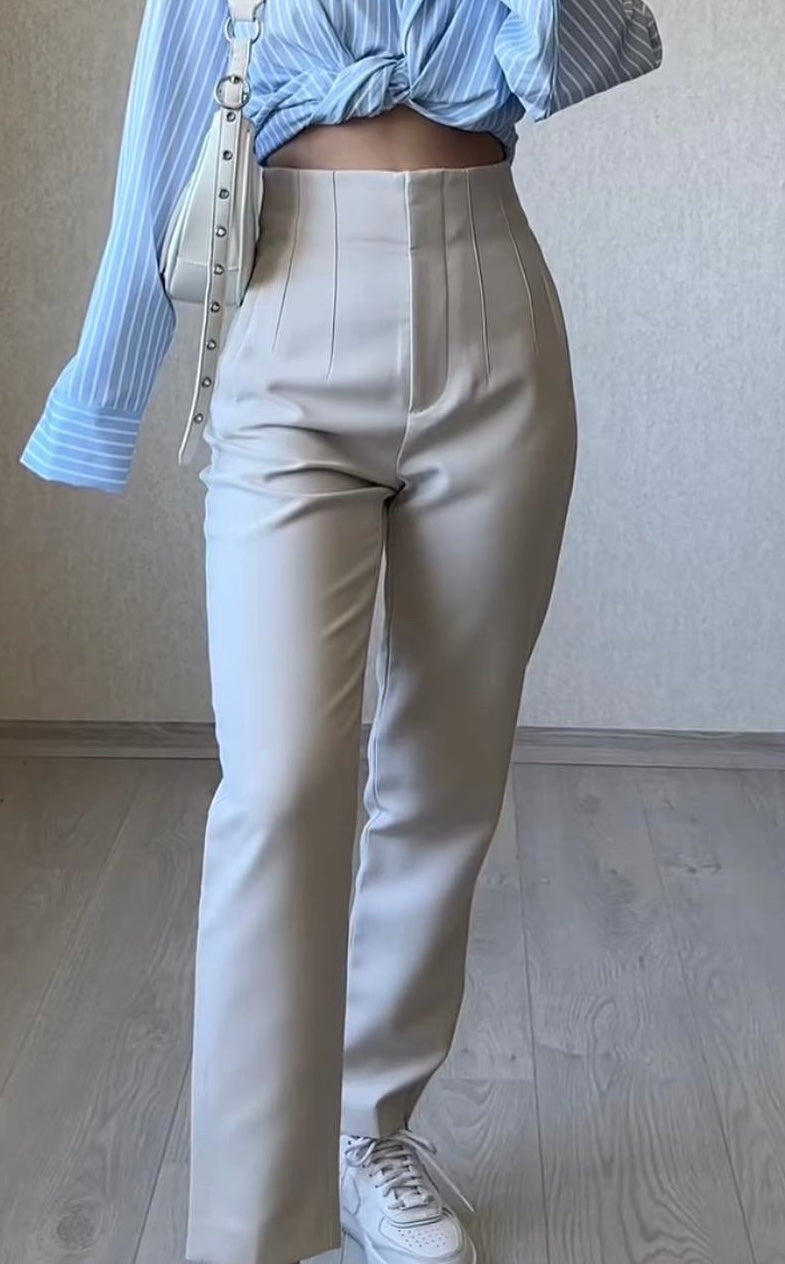 Pleated High Waist Slim Beige Pants