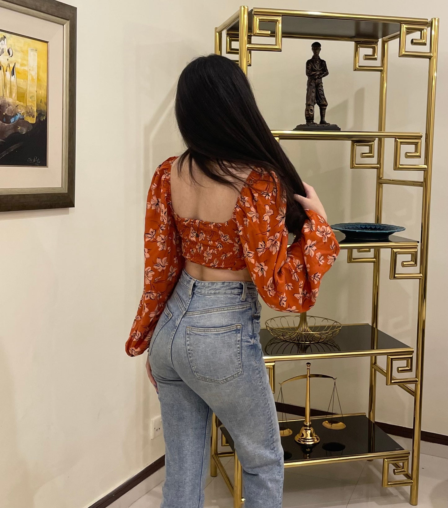 Floral Balloon Sleeve Crop Top