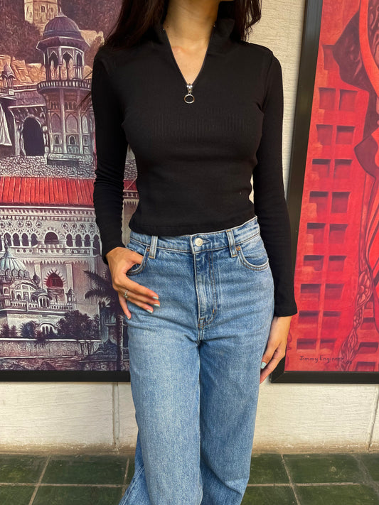 Half Zipper Ribbed Blouse