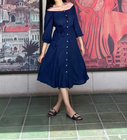 Blue Belted Flowy Dress