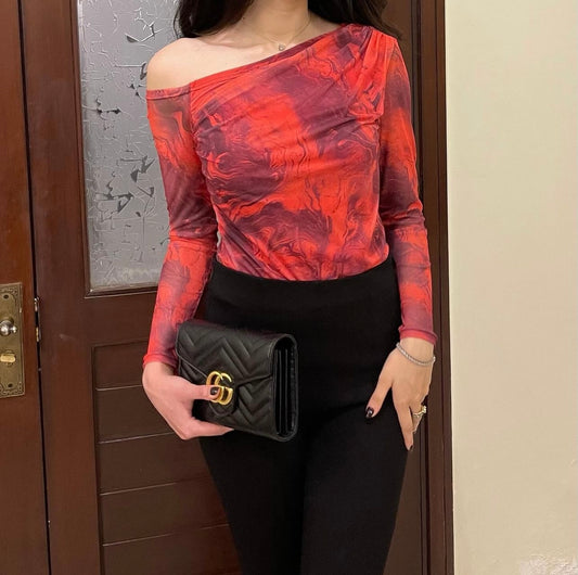 Printed Red Net Top