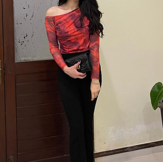Printed Red Net Top